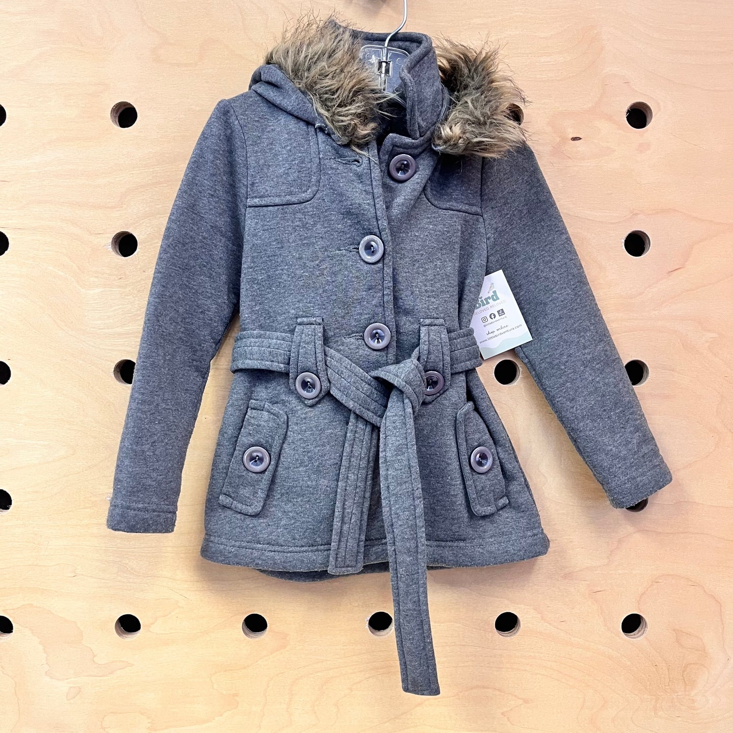 Grey Faux Fur Hooded Pea Coat