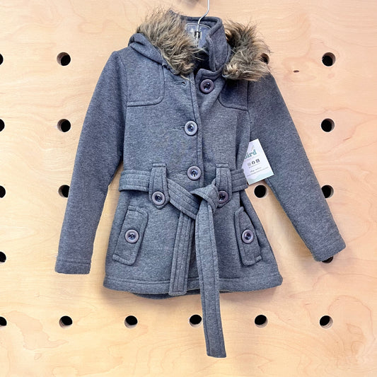 Grey Faux Fur Hooded Pea Coat