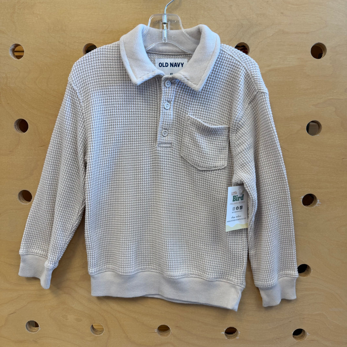 White Waffle Knit 1/4 Button Collar LS