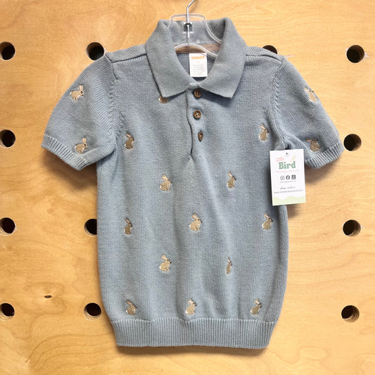 Blue Embroidered Bunnies Knit Collar Tee