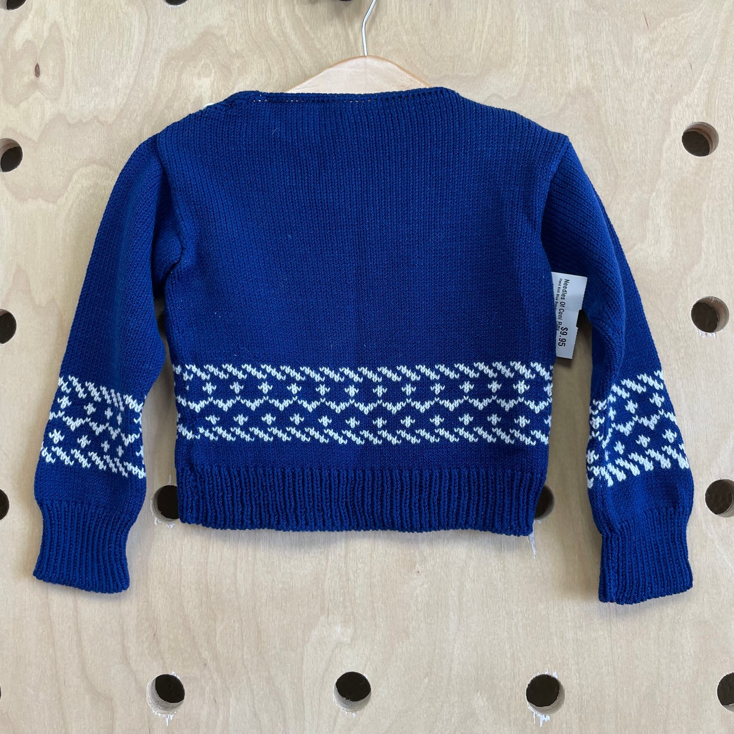 Hand Knit Blue Sweater w/White Trim