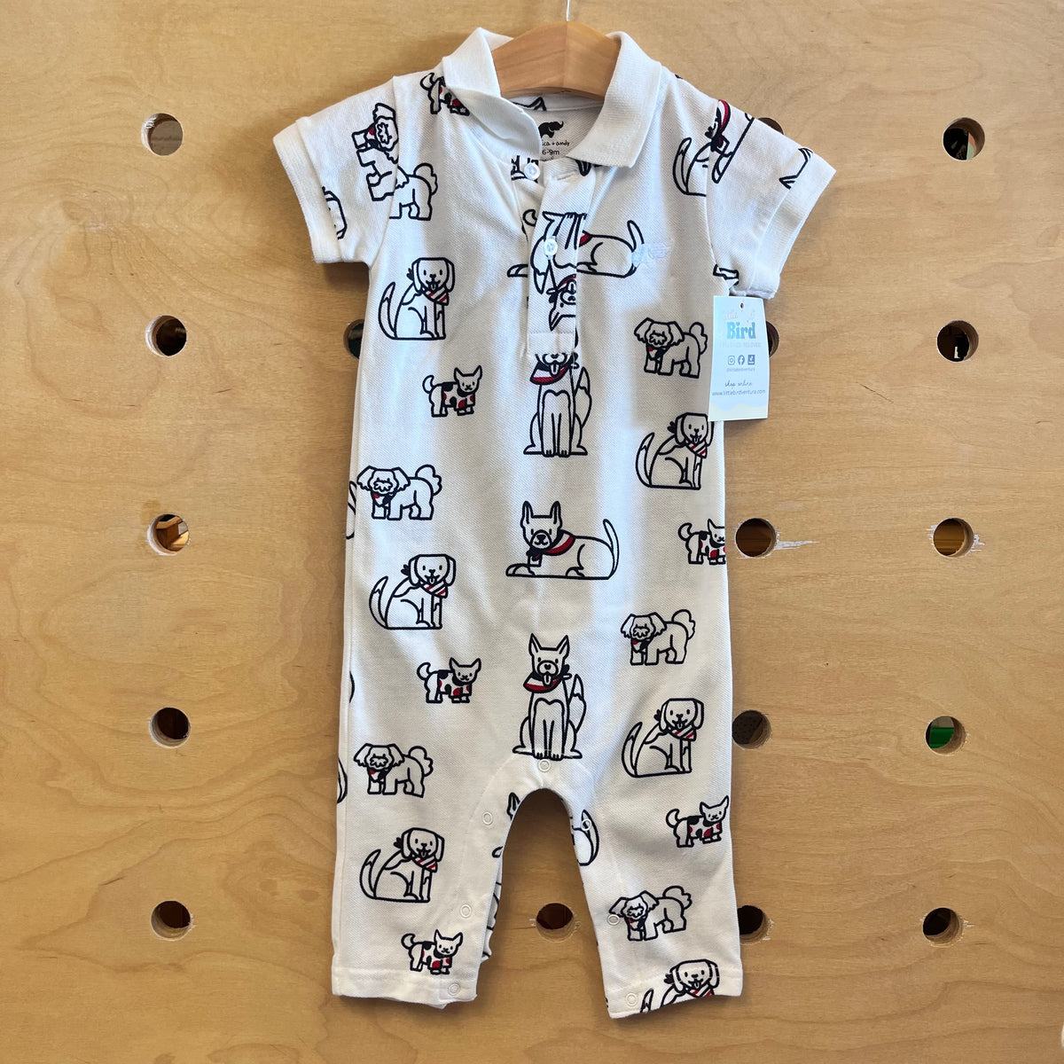 White /Blue Organic  Dogs Polo Romper