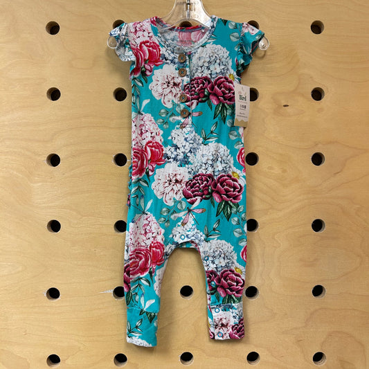 Blue Floral Ruffle-Butt Bamboo Romper