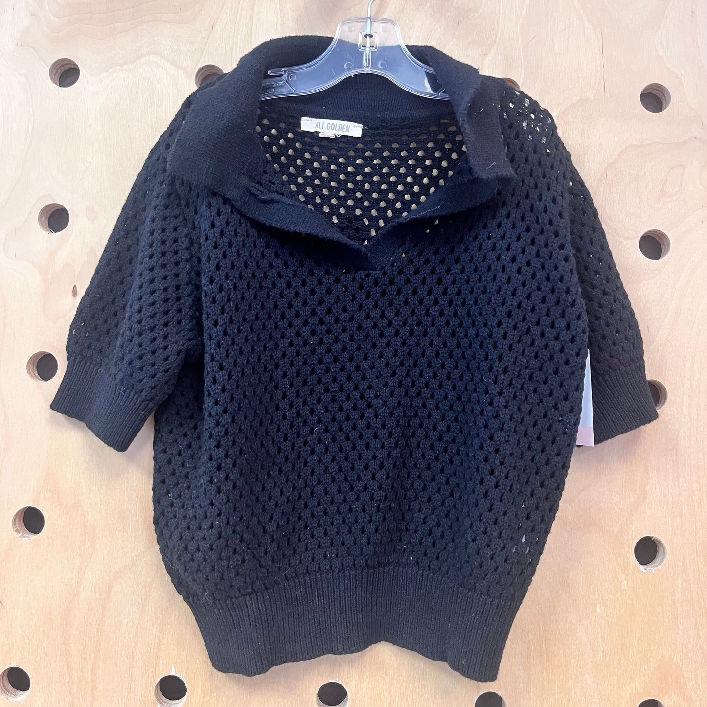 Black Open Knit Collarded Sweater