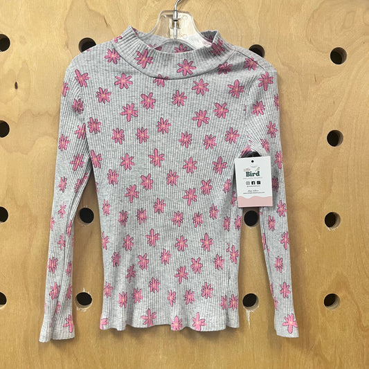 Grey  + Pink Floral Ribbed Top