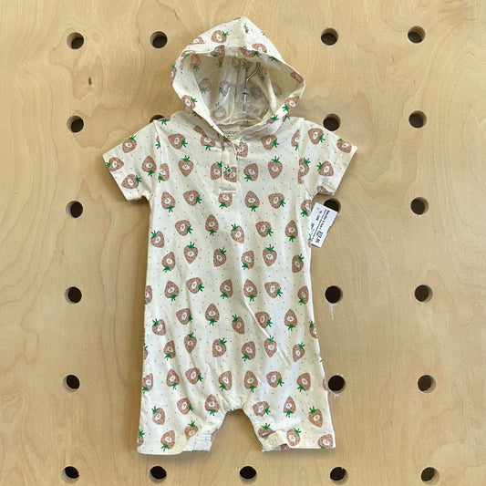Organic Cream Smiley Strawberries Hoodie Romper