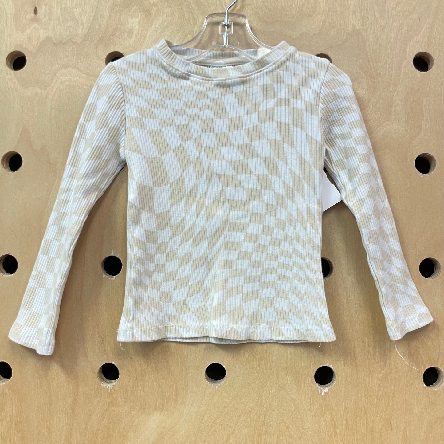 Cream & Beige Wavy Checkered Ribbed Top