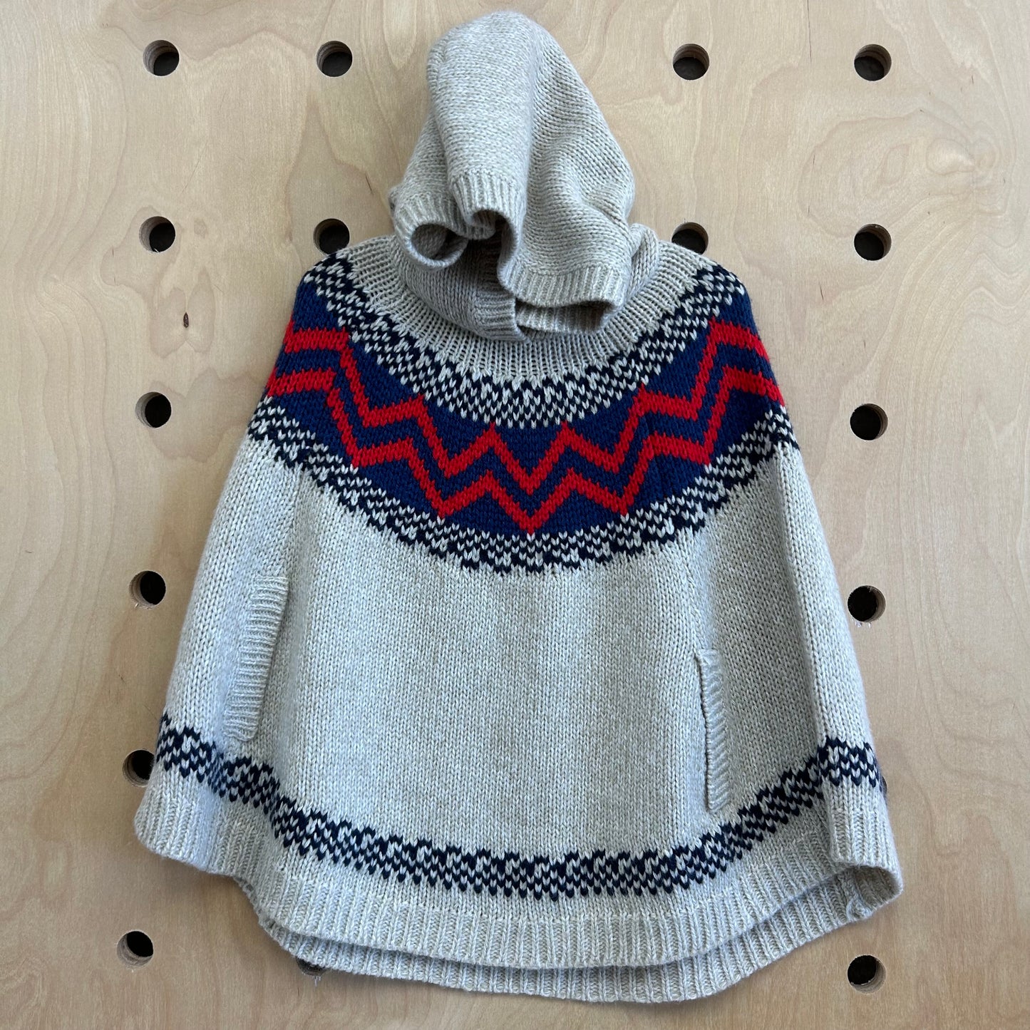 Beige Blue & Red Knit Poncho