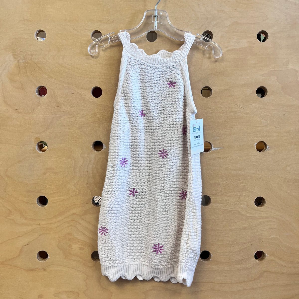 White Embroidered Purple Flowers Knit Dress