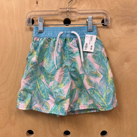Blue Palm Leaf Swim Trunks