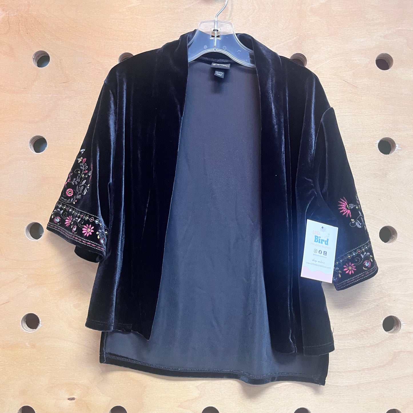 Black Velour Embroidered Floral Kimono