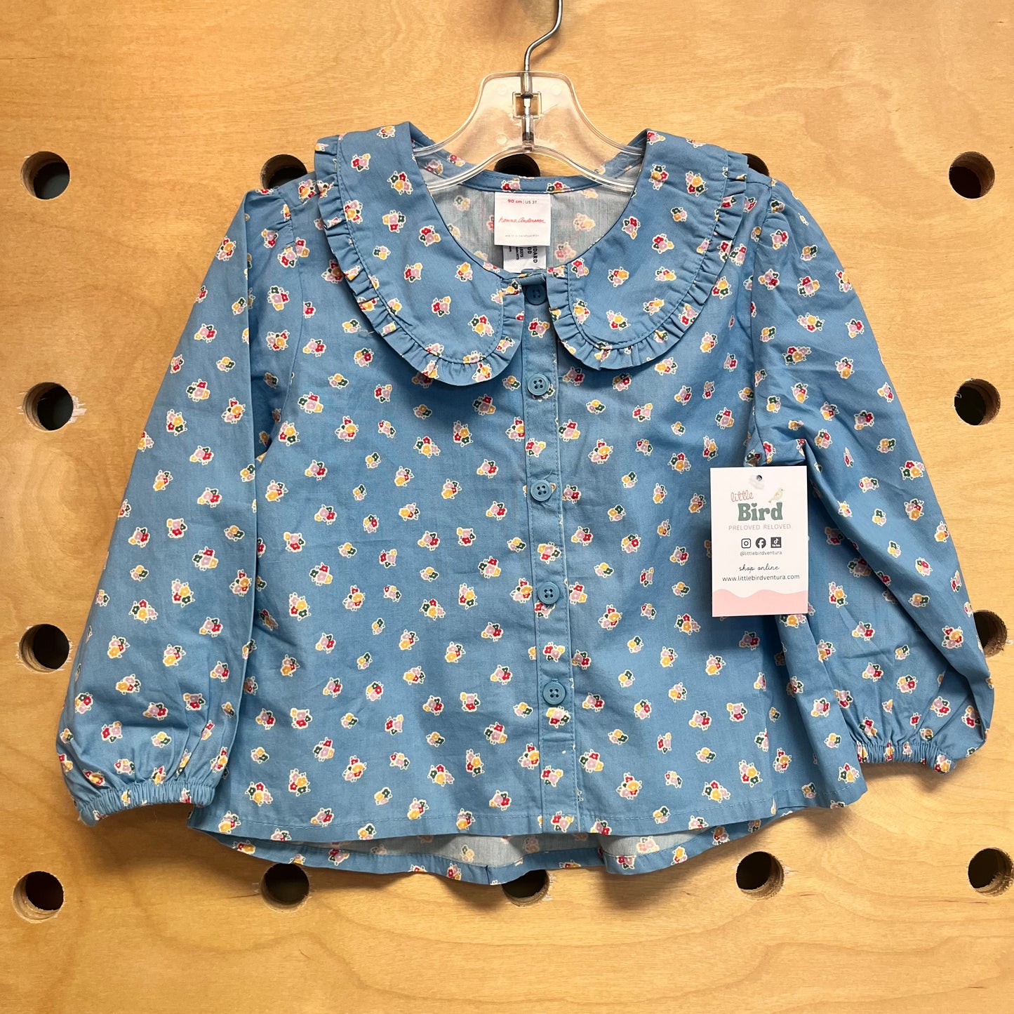 Blue Floral Ruffle Collar Button Top
