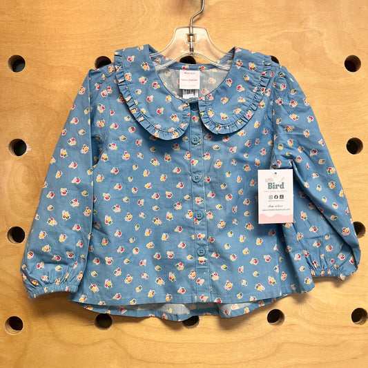 Blue Floral Ruffle Collar Button Top