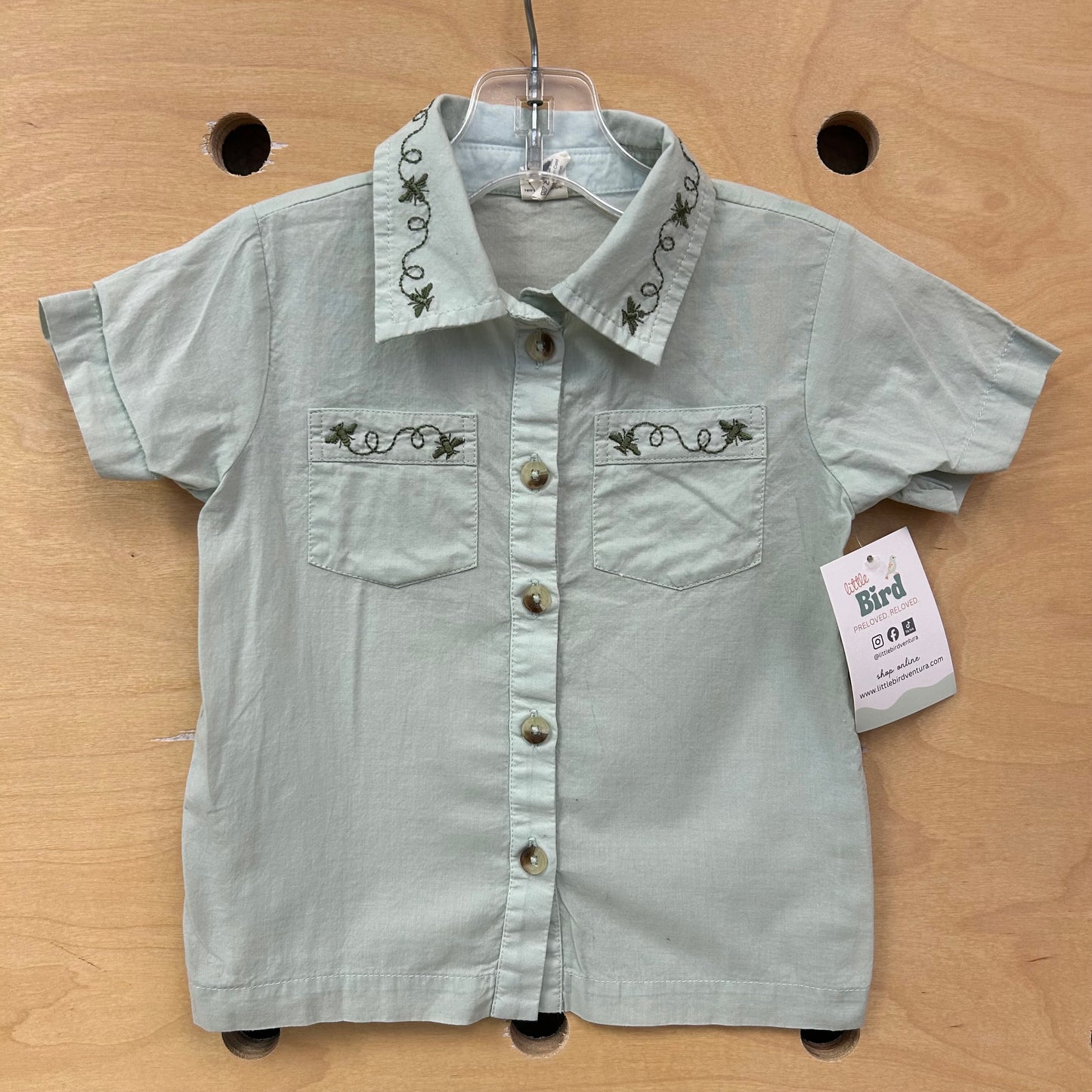 Organic Embroidered Mint Button Up