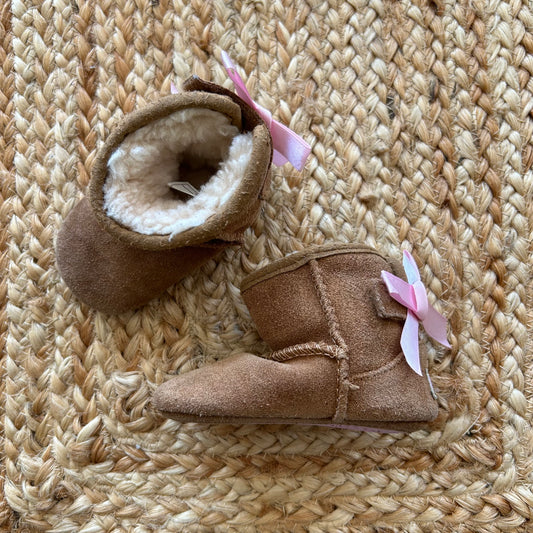 Brown Lined Pink Ribbon Flexible Boots