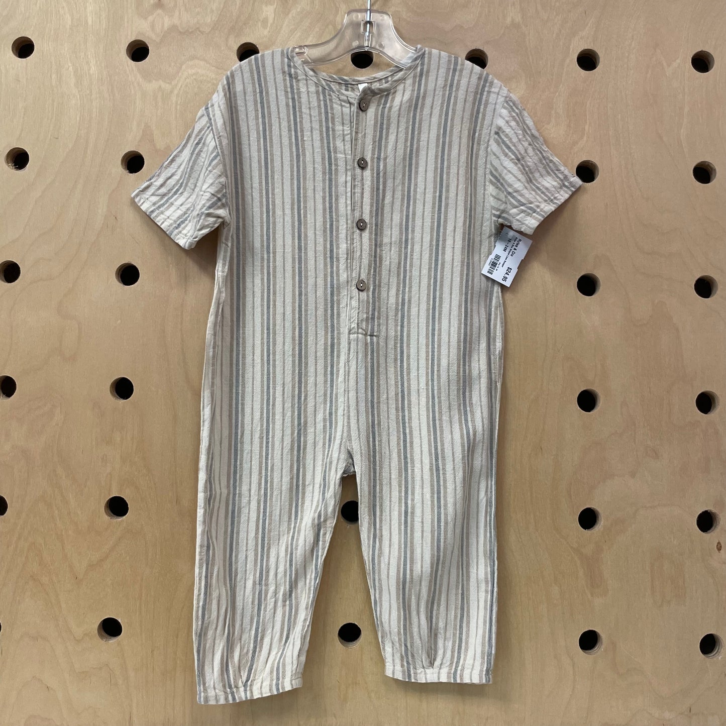 Beige & Blue Striped Linen Romper