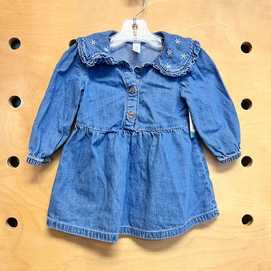 Embroider Floral Collar Denim LS Dress