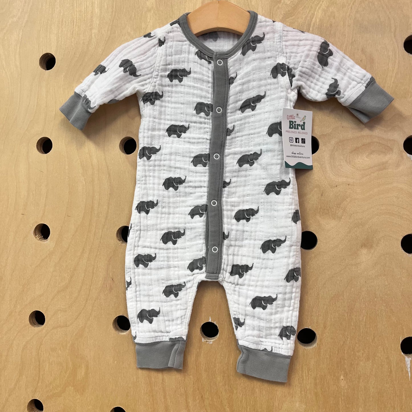 White + Grey Elephants Snap Gauze Romper