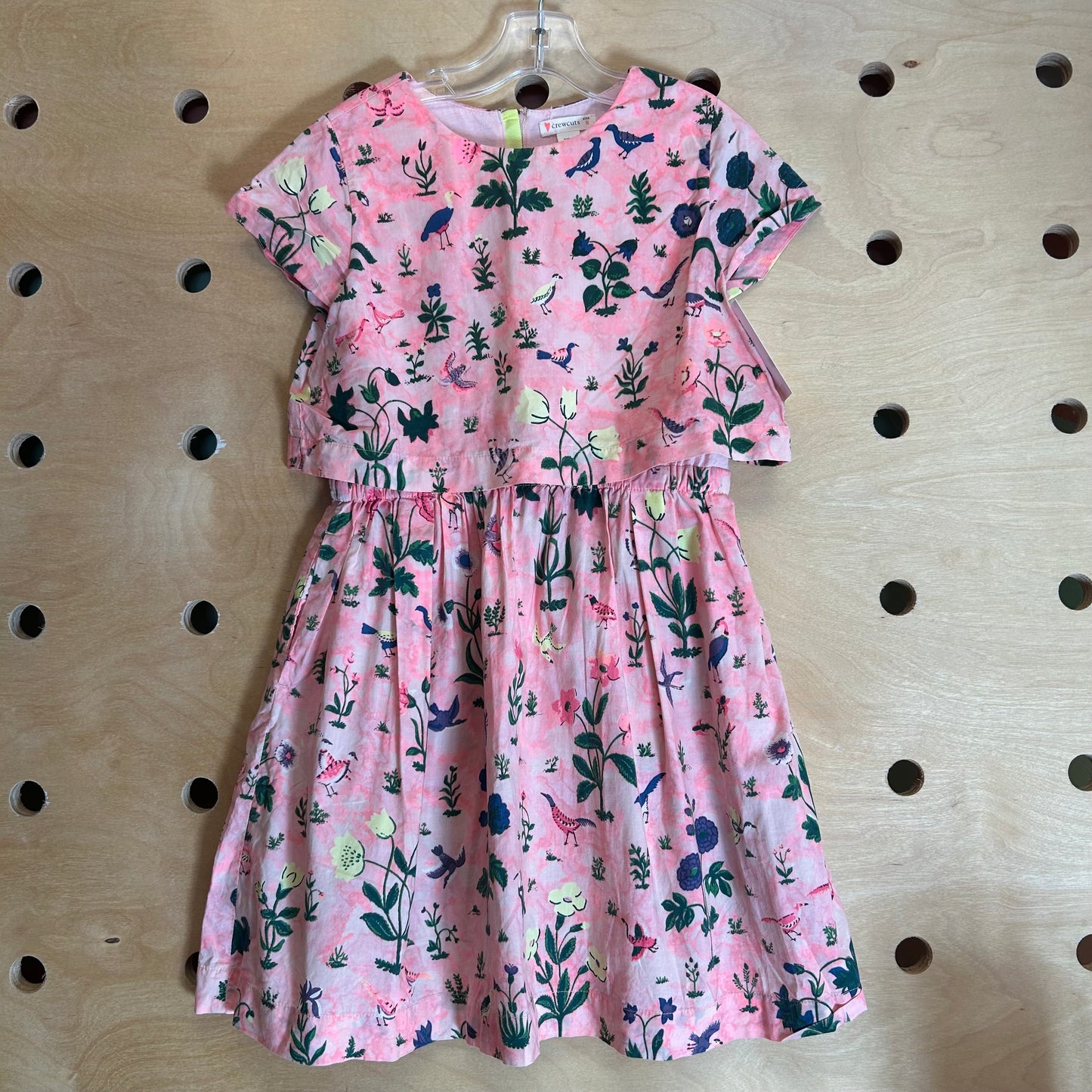 Pink Floral Birds Tiered Linen Dress