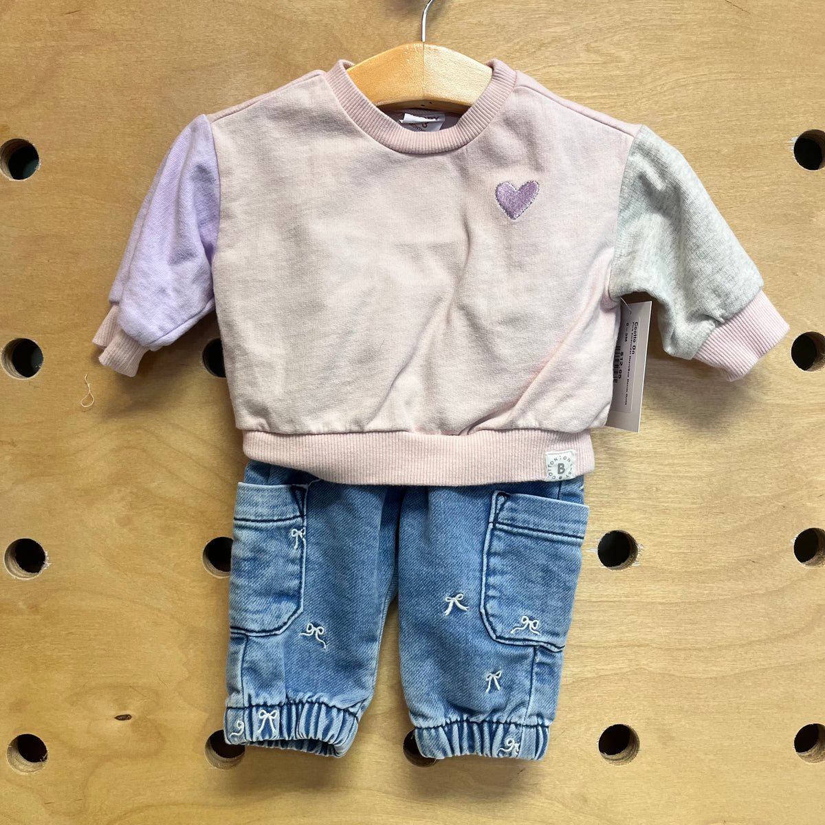 Pink Embroider Heart/Bow Denim Outfit