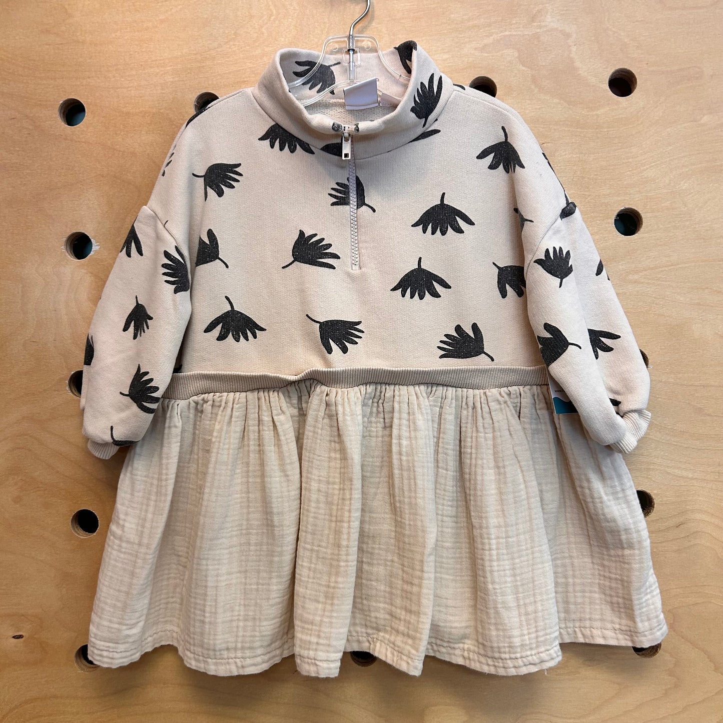 Beige & Black Floral Boxy Oversized Dress