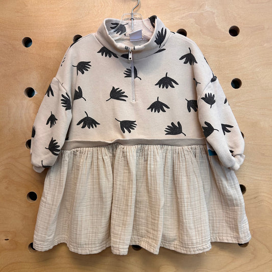 Beige & Black Floral Boxy Oversized Dress