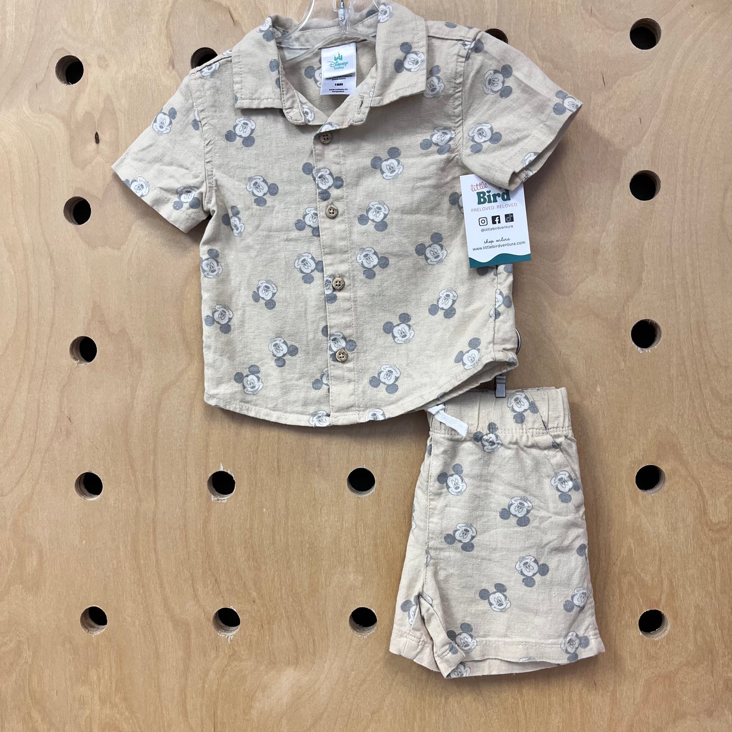 Beige Mickey Linen Blend Shirt & Shorts