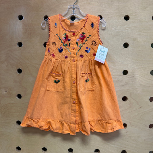 Orange Embroider Floral Pocket Dress
