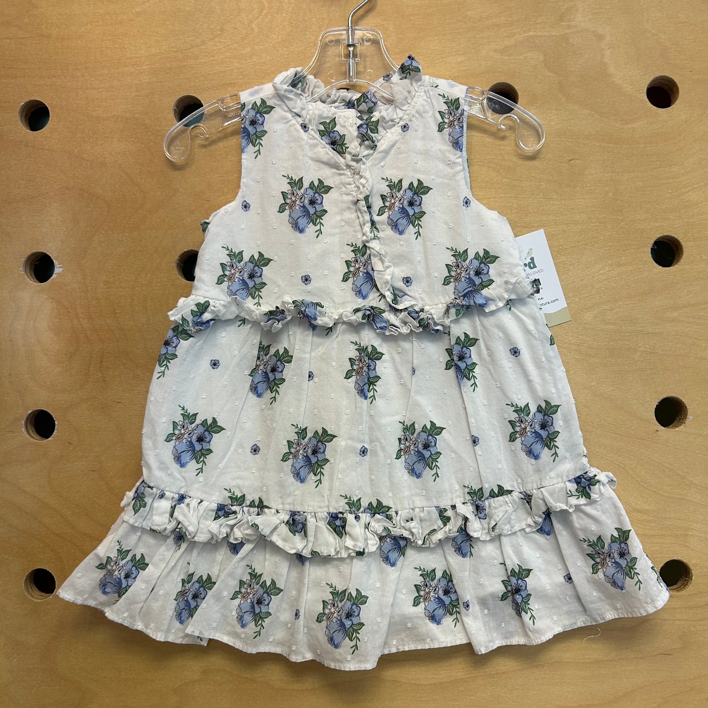 White & Blue Floral Swiss Dot Dress