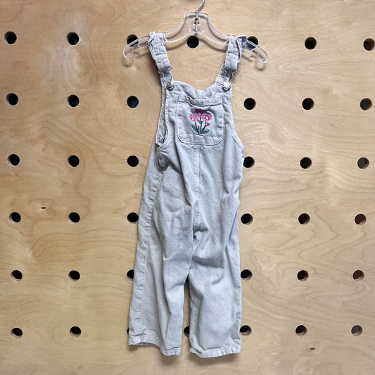 Greige Denim Embroidered Floral Overalls