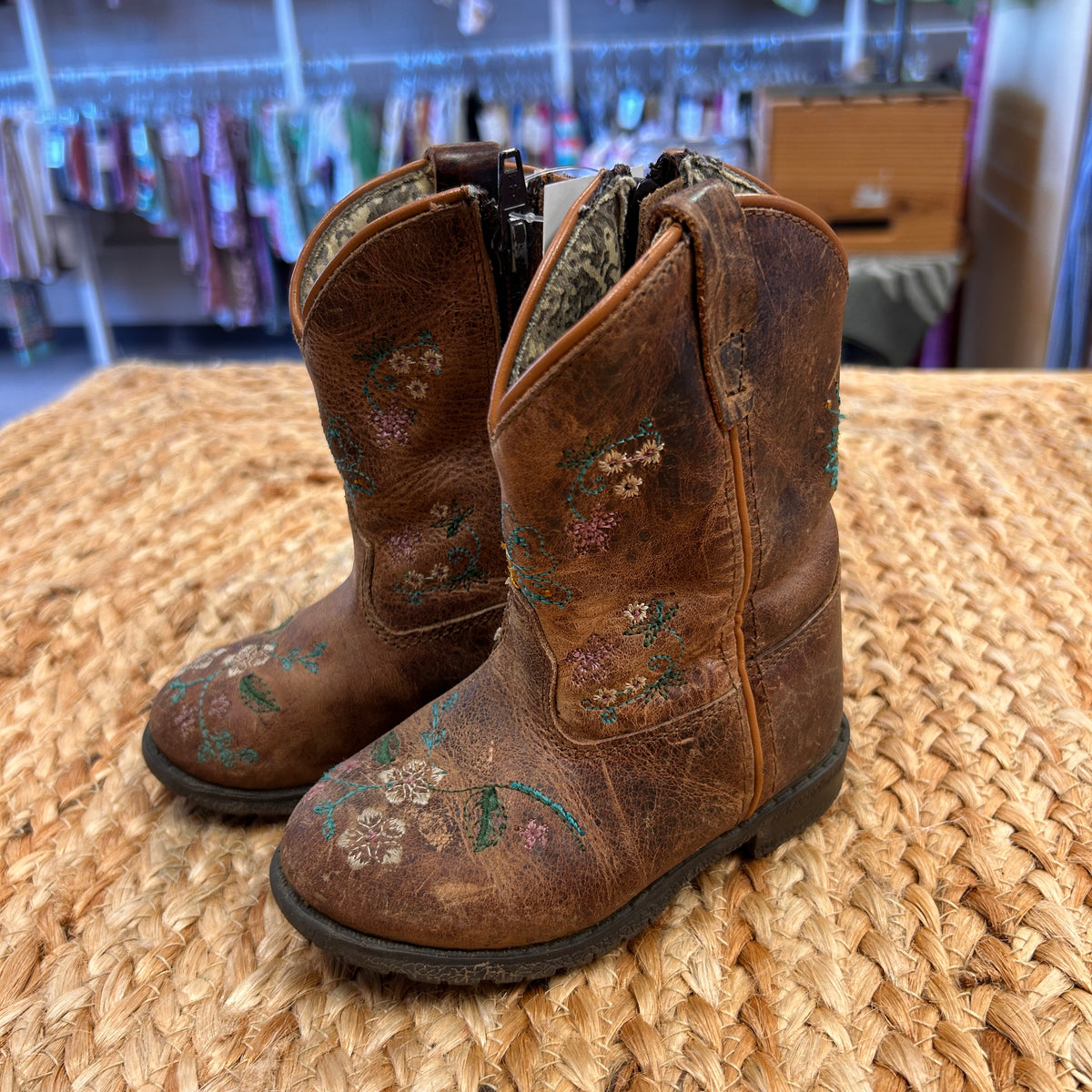 Brown Floral Zip Up Western Boots