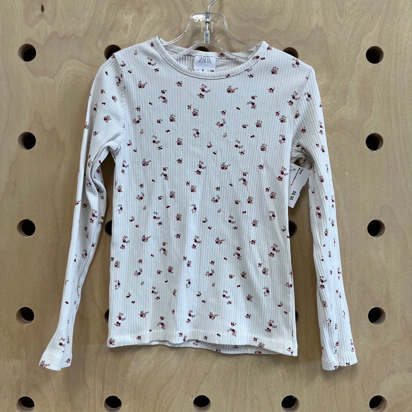 White Floral Ribbed LS Top