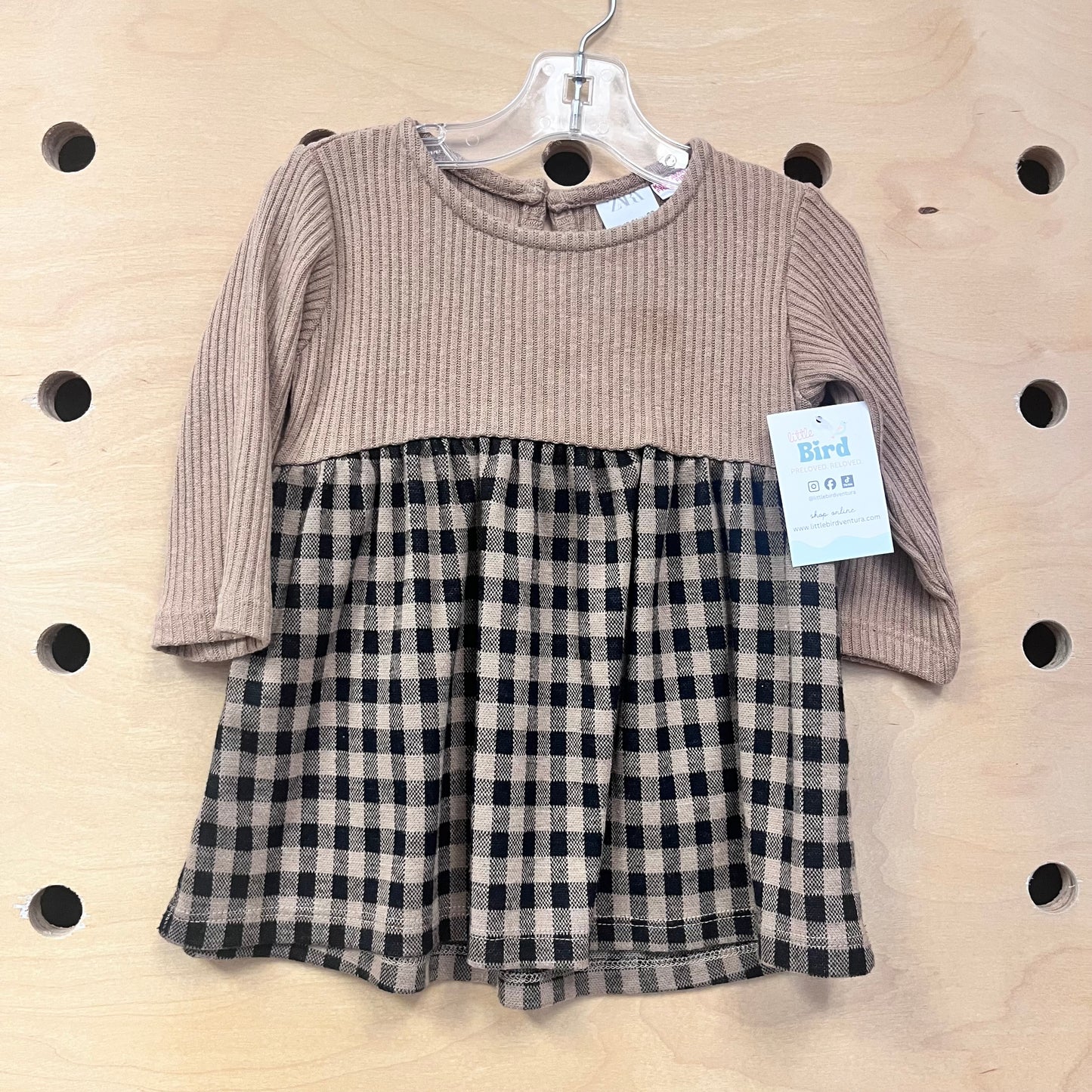 Brown Ribbed & Plaid Dress