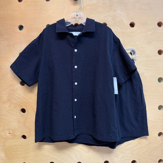 Black Textured Cotton Button Up/Shorts