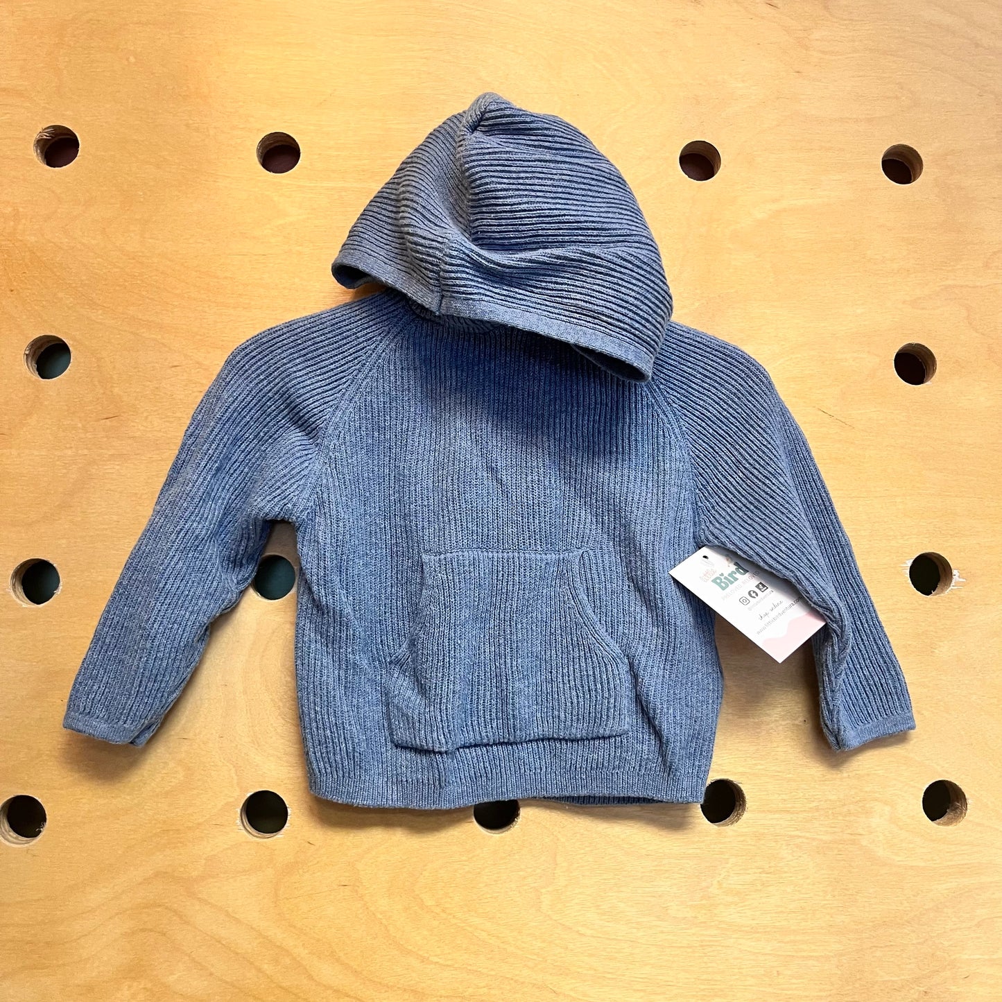 Blue Ribbed Knit Hooded Sweater