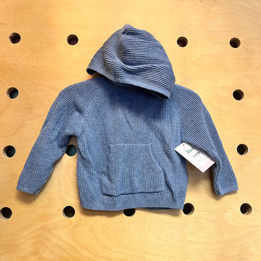 Blue Ribbed Knit Hooded Sweater
