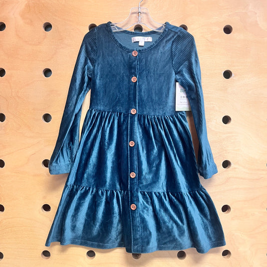 Blue Velour Ribbed Buttons Dress