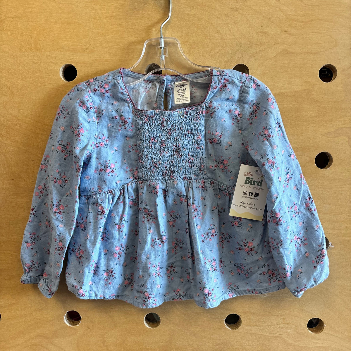 Aqua/Pink Floral Smocked LS