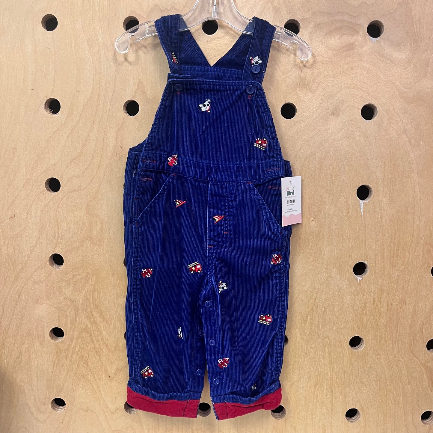 Blue Cord Fire Truck Embroidered Overalls