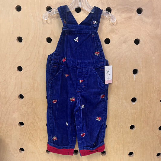 Blue Cord Fire Truck Embroidered Overalls