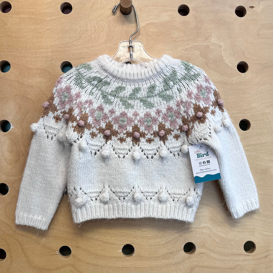 White/Pink Knit Pom Pom Sweater