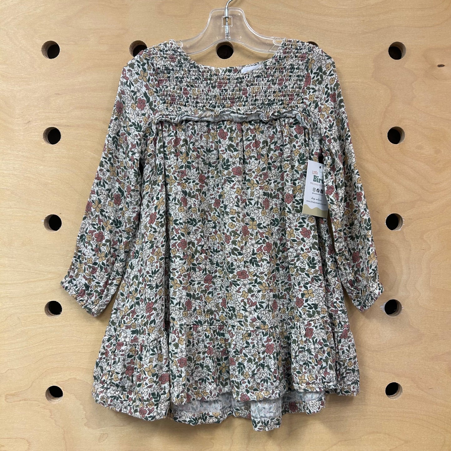 Beige Floral Smocked Dress