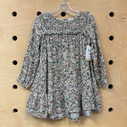 Beige Floral Smocked Dress