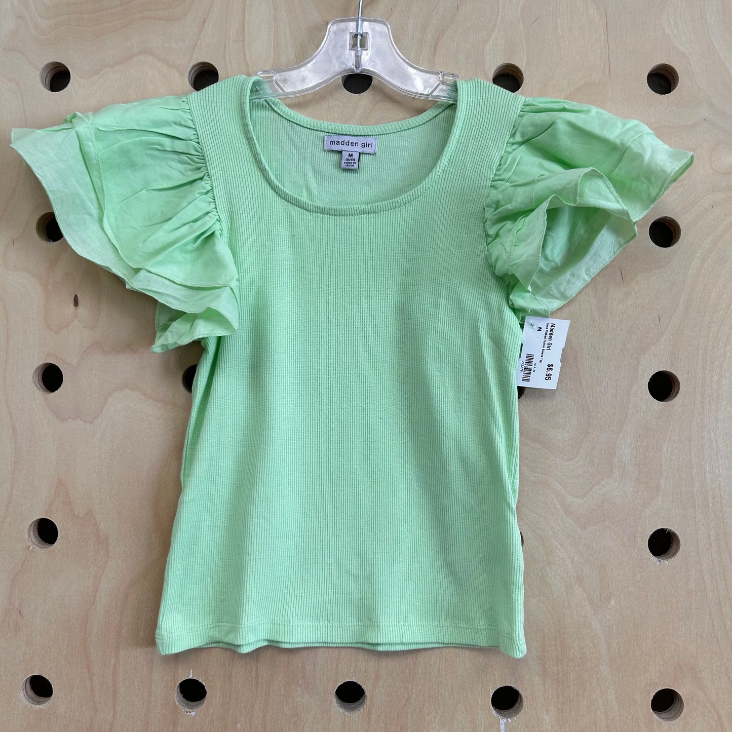 Lime Ribbed Flutter Sleeve Top