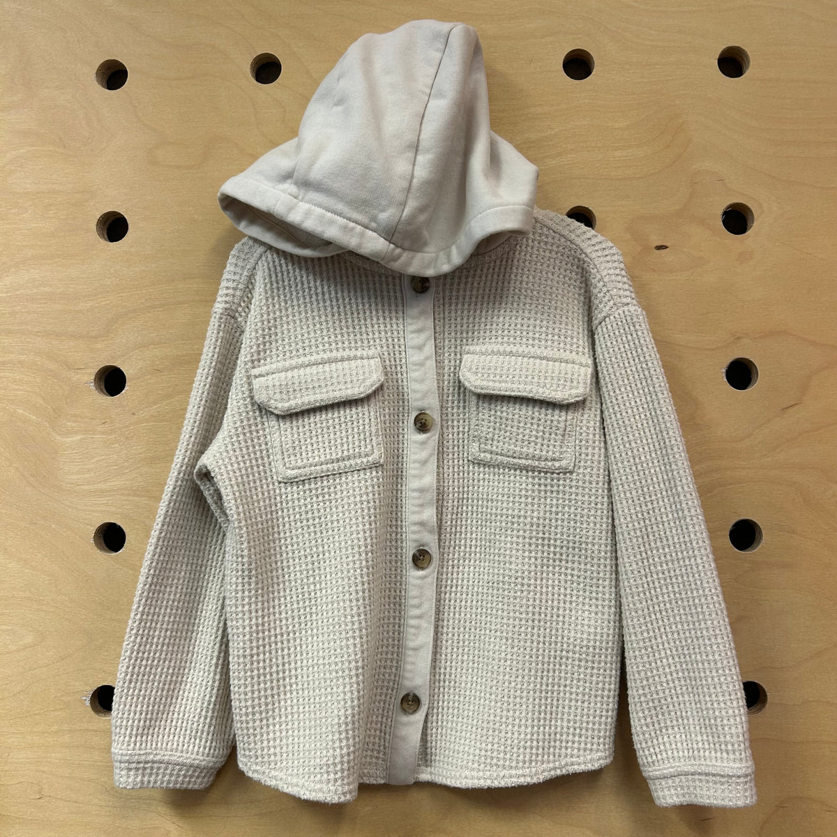Tan Hooded Waffle Knit Button Up