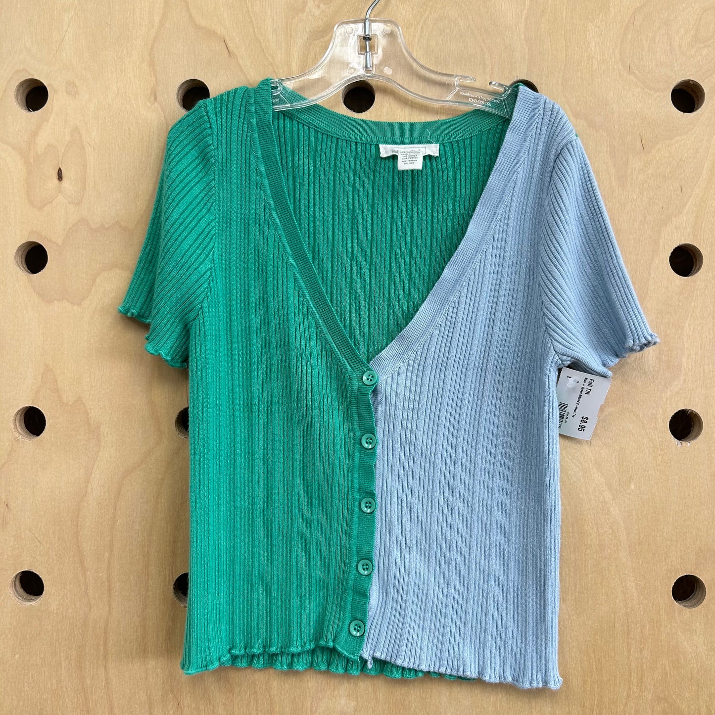 Blue + Green Ribbed V-Neck Top