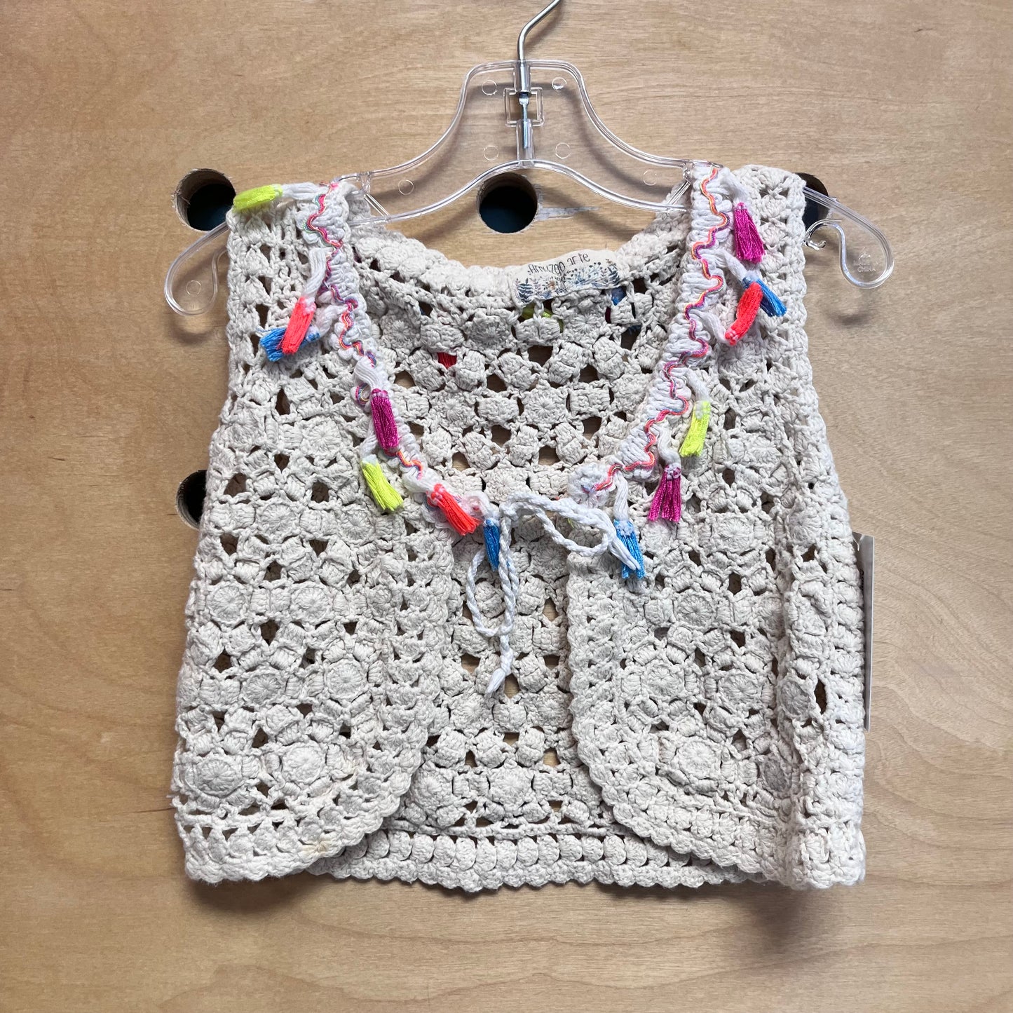 Beige/Colorful Fringe Crocheted Vest