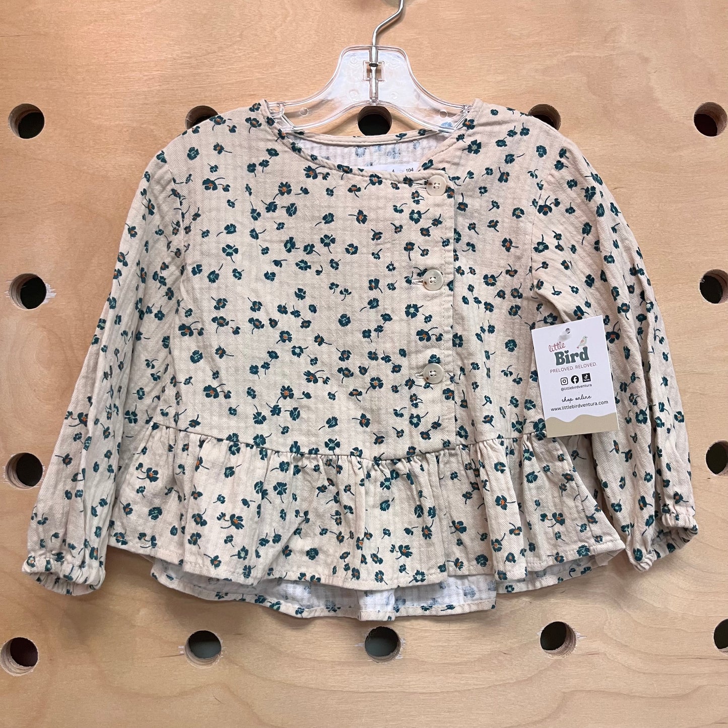 Tan Floral Gauze Button Front LS