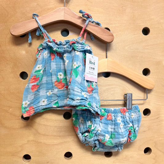 Blue Plaid Strawberries Gauze Outfit