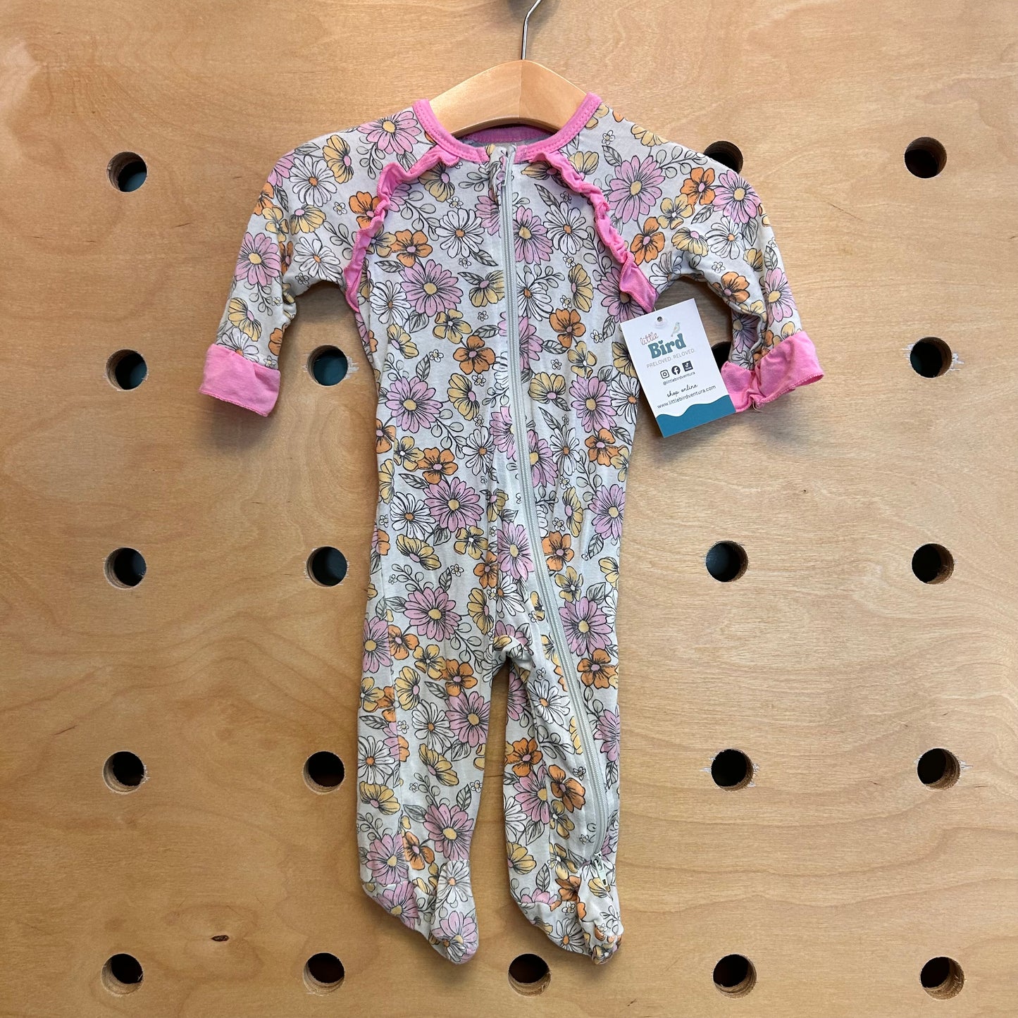 Mint & Pink Floral Ruffle Bamboo Footies